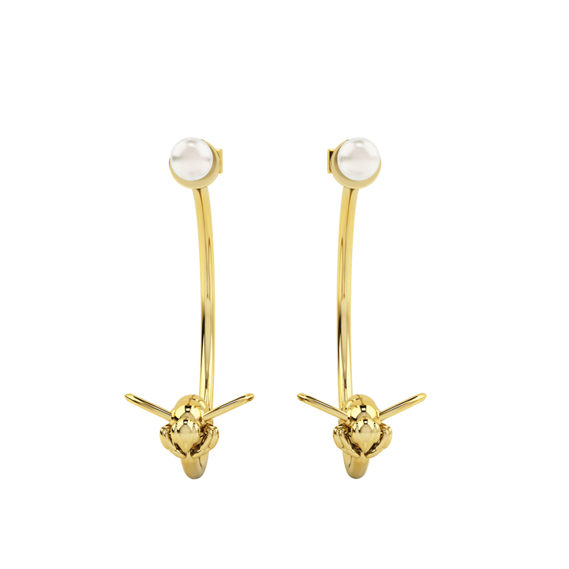 1986 Bee 93˚ 3/4 Moon Earrings with white pearl In yellow gold