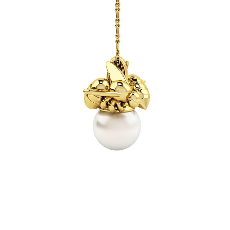 1986 Bee 93° Twin Bee Pendant with 10mm White pearl in Yellow Gold