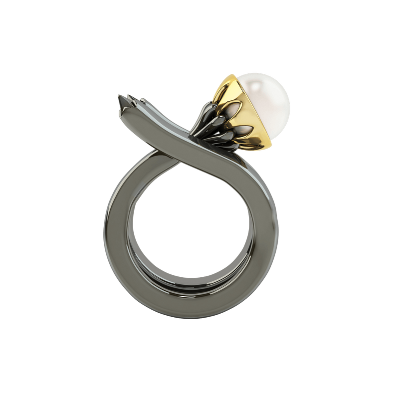 1986 Rebellion Mirror Ring with 8 millimetre white pearl in Black Rhodium & Yellow gold