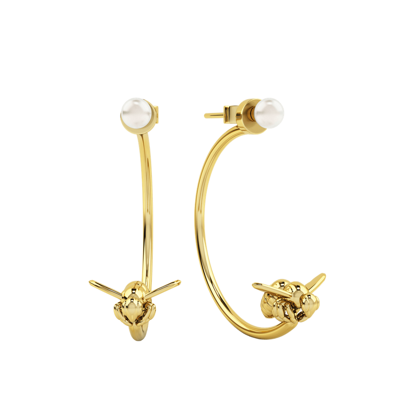 1986 Bee 93˚ 3/4 Moon Earrings with white pearl In yellow gold