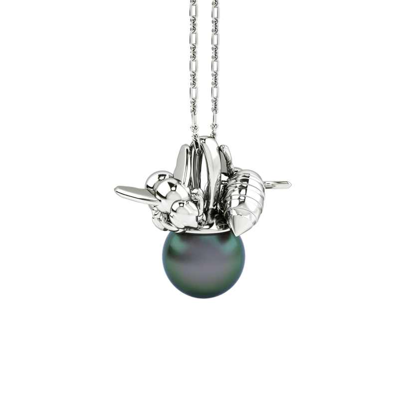 1986 Bee 93° Twin Bee Pendant with 10mm black pearl in Rhodium