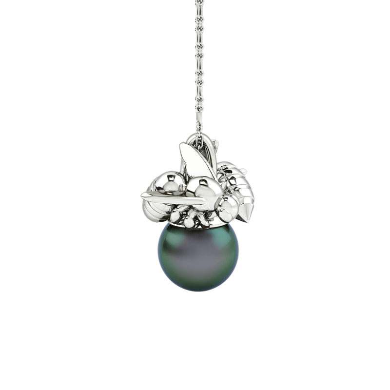 1986 Bee 93° Twin Bee Pendant with 10mm black pearl in Rhodium