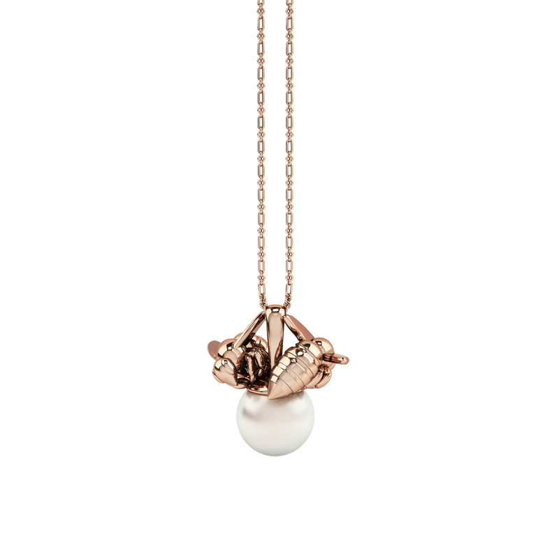 1986 Bee 93° Twin Bee Pendant with 10mm white pearl in Rose Gold