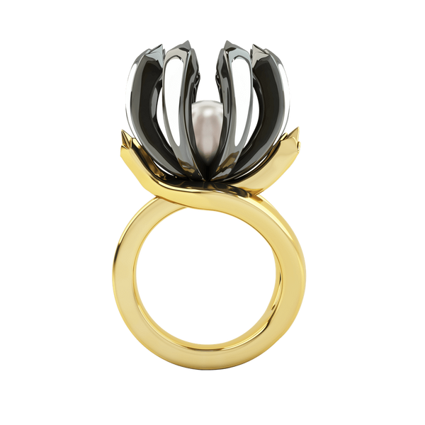 1986 Rebellion Twisted Claw Ring in white enamel in Yellow Gold & Black Rhodium
