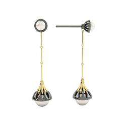 1986 Rebellion Drop Earrings with a pair of 8 and 5 millimetres white Pearls in Yellow gold & Black Rhodium