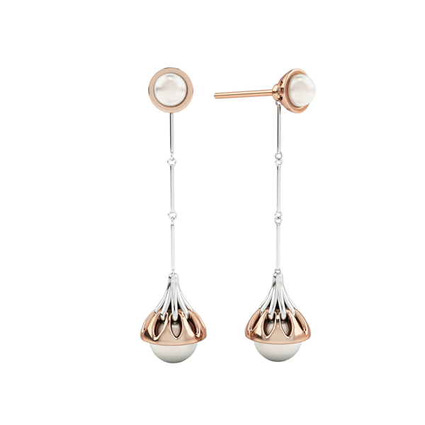 1986 Rebellion Drop Earrings with a pair of 8 and 5 millimetres white Pearls in Rose Gold & Rhodium