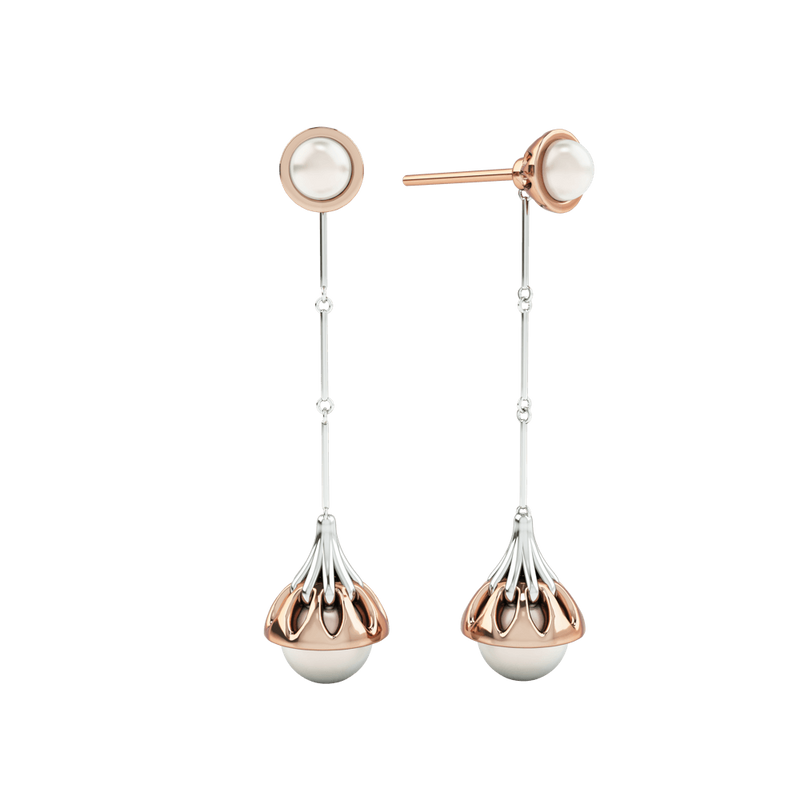 1986 Rebellion Drop Earrings with a pair of 8 and 5 millimetres white Pearls in Rose Gold & Rhodium