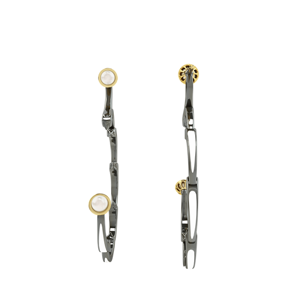 1986 Rebellion 3/4 Moon Earrings with a pair 5 millimetres of white pearls in Black Rhodium & Yellow gold