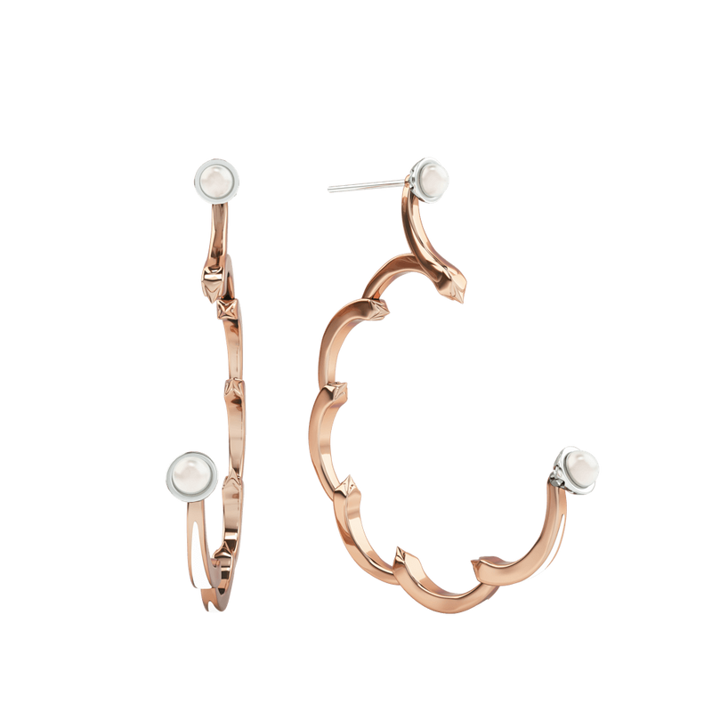 1986 Rebellion 3/4 Moon Earrings with a pair 5 millimetres of white pearls in Rose Gold & Rhodium