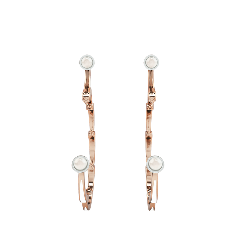 1986 Rebellion 3/4 Moon Earrings with a pair 5 millimetres of white pearls in Rose Gold & Rhodium