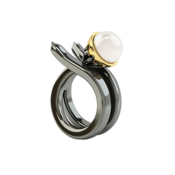 1986 Rebellion Mirror Ring with 8 millimetre white pearl in Black Rhodium & Yellow gold