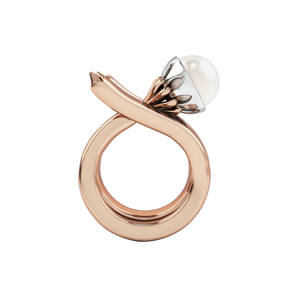 1986 Rebellion Mirror Ring with 8 millimetre white pearl in Rose Gold & Rhodium
