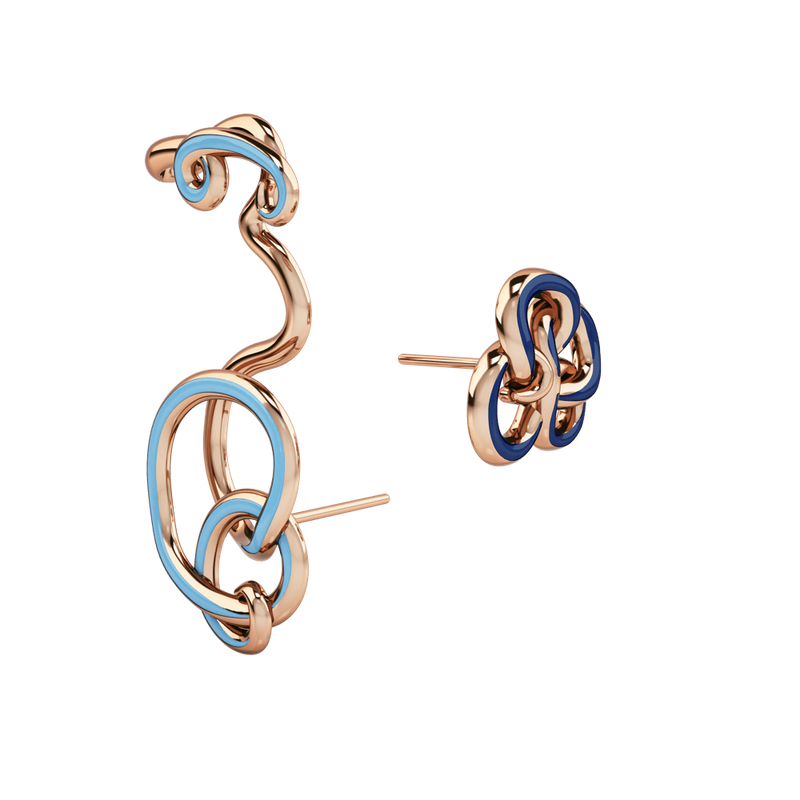 1986 Wiggle Wiggle Twist & Hug Royal Blue Enamel & Rose Hook on Earring Pairing with Stud earrings 